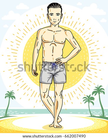 Handsome brunet man standing on tropical beach and wearing beachwear shorts. Vector human illustration. Summer vacation theme.