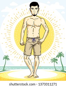 Handsome brunet young man with beard is standing on tropical beach in shorts. Vector illustration of athletic male. Summer vacation lifestyle theme cartoon.