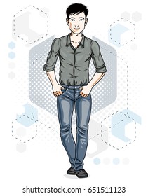 Handsome brunet young man poses on modern background with hexagons. Vector illustration of male. Lifestyle theme clipart.