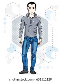 Handsome brunet young man poses on modern background with hexagons. Vector illustration of male. Lifestyle theme clipart.