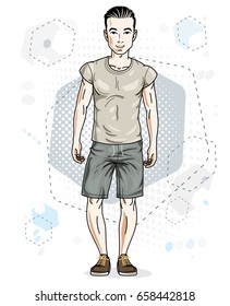 Handsome brunet young man poses on modern background with hexagons. Vector illustration of male. Lifestyle theme clipart.