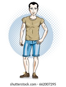 Handsome brunet young man poses on modern background with hexagons. Vector illustration of male. Lifestyle theme clipart.
