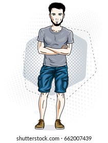 Handsome brunet young man poses on modern background. Vector illustration of male with stylish beard. Lifestyle theme clipart.