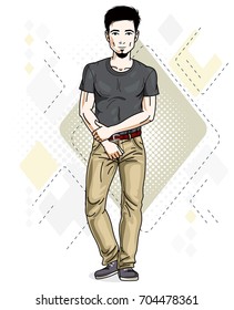 Handsome brunet young man poses on modern background. Vector illustration of male with stylish beard. Lifestyle theme clipart.