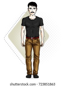 Handsome brunet young man poses on modern background with hexagons. Vector illustration of male with mustaches, hipster. Lifestyle theme clipart.