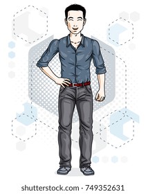 Handsome brunet young man poses on modern background with hexagons. Vector illustration of male. Lifestyle theme clipart.