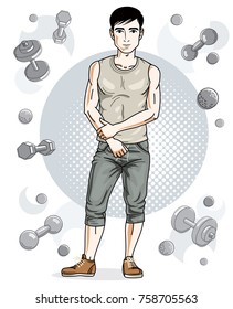 Handsome brunet young man poses on simple background with dumbbells and barbells. Vector illustration of sportsman. Work out and training theme.