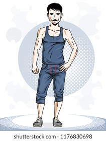 Handsome brunet young man posing. Vector illustration of sportsman with beard and whiskers. Work out and training theme.
