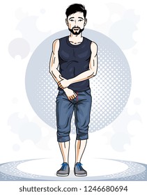 Handsome brunet young man posing. Vector illustration of sportsman with beard and whiskers. Work out and training theme.