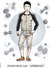 Handsome brunet young man is standing on simple background with dumbbells and barbells. Vector illustration of sportsman.  Active and healthy lifestyle theme cartoon.