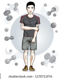 Handsome brunet young man is standing on simple background with dumbbells and barbells. Vector illustration of sportsman.  Active and healthy lifestyle theme cartoon.