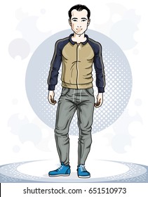 Handsome brunet young man standing. Vector illustration of sportsman.  Active and healthy lifestyle theme cartoon.