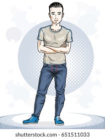 Handsome brunet young man standing. Vector illustration of sportsman.  Active and healthy lifestyle theme cartoon.