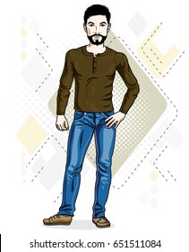 Handsome brunet young man standing. Vector illustration of man with beard and whiskers wearing stylish casual clothes.  