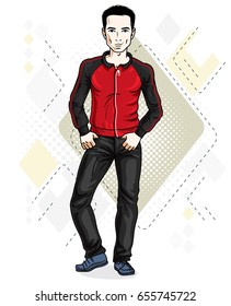 Handsome brunet young man standing. Vector illustration of man wearing stylish casual clothes.  