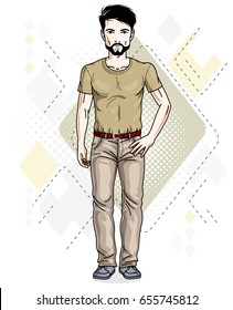 Handsome brunet young man standing. Vector illustration of man with beard and whiskers wearing stylish casual clothes.  