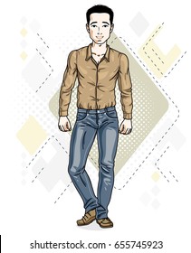 Handsome brunet young man standing. Vector illustration of man wearing stylish casual clothes.  