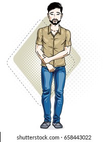 Handsome brunet young man standing. Vector illustration of man with beard and whiskers wearing stylish casual clothes.  