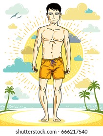 Handsome brunet young man standing on tropical beach in shorts. Vector athletic male illustration. Summer vacation lifestyle theme cartoon.