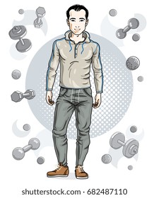Handsome brunet young man is standing on simple background with dumbbells and barbells. Vector illustration of sportsman.  Active and healthy lifestyle theme cartoon.