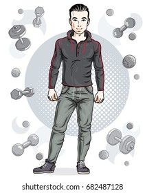 Handsome brunet young man is standing on simple background with dumbbells and barbells. Vector illustration of sportsman.  Active and healthy lifestyle theme cartoon.