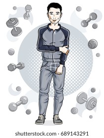Handsome brunet young man is standing on simple background with dumbbells and barbells. Vector illustration of sportsman.  Active and healthy lifestyle theme cartoon.
