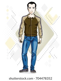 Handsome brunet young man standing. Vector illustration of man wearing stylish casual clothes.  