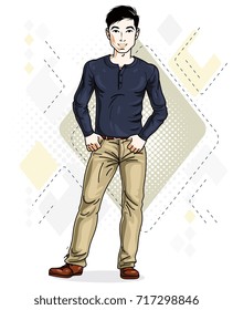 Handsome brunet young man standing. Vector illustration of man wearing stylish casual clothes.  