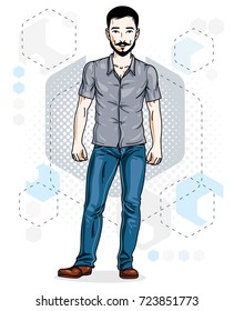 Handsome brunet young man standing. Vector illustration of man with beard and mustaches wearing stylish casual clothes.  