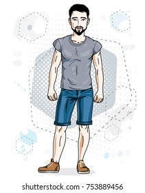 Handsome brunet young man standing. Vector illustration of man with beard and mustaches wearing stylish casual clothes.  