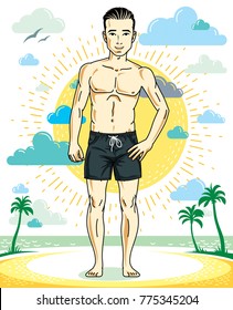 Handsome brunet young man standing on tropical beach in shorts. Vector athletic male illustration. Summer vacation lifestyle theme cartoon.