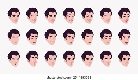 Handsome brunette guy, young businessman, avatar emotions, confident portrait set, leader, founder bundle. Different feelings face icons, player character mood, user pic circles. Vector illustration