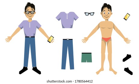Handsome brunette man in underwear and his clothes all around him and the man already dressed.