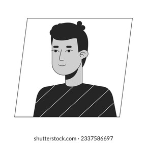 Handsome brunette young man black white cartoon avatar icon. Editable 2D character user portrait, linear flat illustration. Vector face profile. Outline person head and shoulders