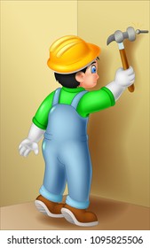 handsome builder cartoon standing with action and bring hammer