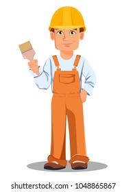 Handsome builder in uniform, cartoon character. Professional construction worker. Smiling repairman with a paint brush. Vector illustration on white background.