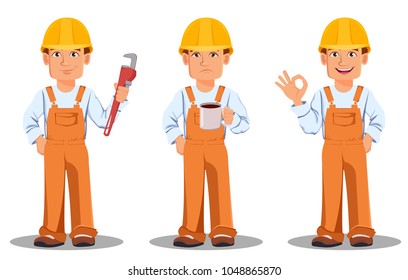 Handsome builder in uniform, cartoon character set. Professional construction worker. Smiling repairman holds wrench, holds coffee and shows ok sign. Vector illustration
