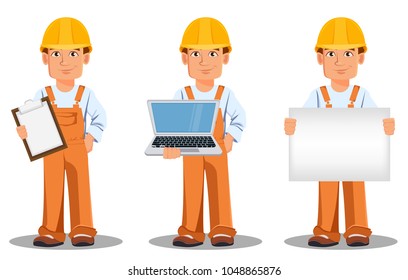 Handsome builder in uniform, cartoon character set. Professional construction worker. Smiling repairman holds checklist, holds laptop and holds placard. Vector illustration