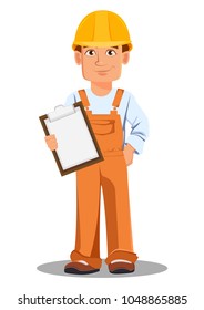 Handsome builder in uniform, cartoon character. Professional construction worker. Smiling repairman holds checklist. Vector illustration on white background.