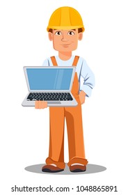Handsome builder in uniform, cartoon character. Professional construction worker. Smiling repairman holds laptop. Vector illustration on white background.