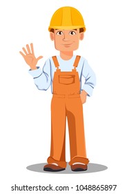 Handsome builder in uniform, cartoon character. Professional construction worker. Smiling repairman waves hand. Vector illustration on white background.