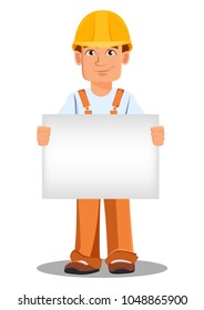 Handsome builder in uniform, cartoon character. Professional construction worker. Smiling repairman with a blank placard. Vector illustration on white background.