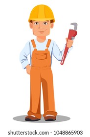 Handsome builder in uniform, cartoon character. Professional construction worker. Smiling repairman with adjustable wrench. Vector illustration on white background.