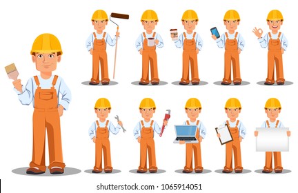 Handsome builder in uniform, cartoon character, set. Professional construction worker or repairman. Vector illustration on white background.