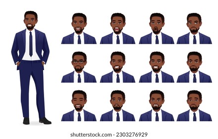 Handsome business African American man in suit with different facial expressions set vector illustration isolated