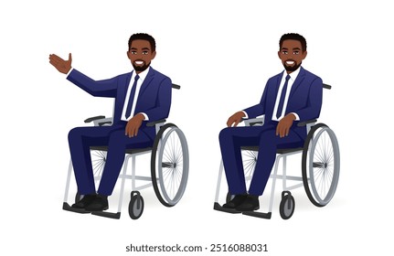 Bonito negócio afro-americano homem de terno azul sentado em cadeira de rodas mostrando algo. Conjunto de ilustrações vetoriais isoladas