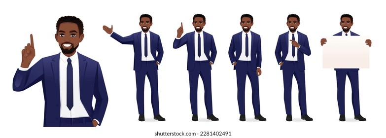 Hombres africanos de negocios guapos con diferentes gestos conjunto de ilustraciones vectoriales aisladas