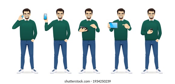 Handsome business in casual outfit with gadjets phone and tablet set isolated vector illustration