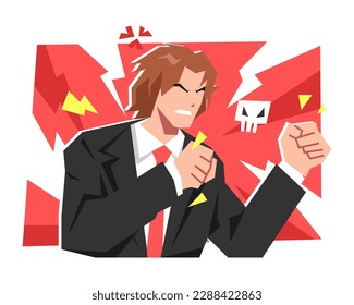 handsome business man is angry, fist clenched, want to punch. angry sign icon, lightning, skull. concept of business, loss, failure, etc. flat vector illustration