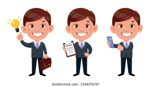 Handsome business man cartoon character. Funny businessman, set of three poses